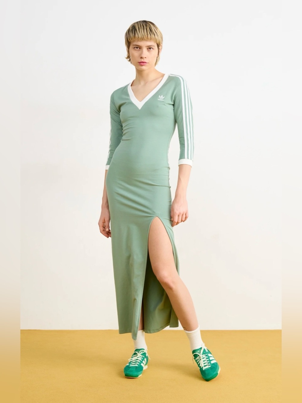 🆕 adidas Originals Maxi Dress Green White 3 Stripe V Neck Side Slit Size XS
